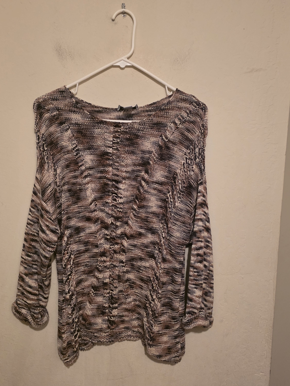 DKNY Mixed Neutral Open-Knit Scoop Neck Sweater - Black, Gray, Cream Size Medium